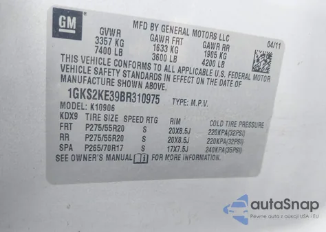 2011 GMC Yukon Xl 1500 Slt from USA, damaged, VIN 1GKS2KE39BR310975